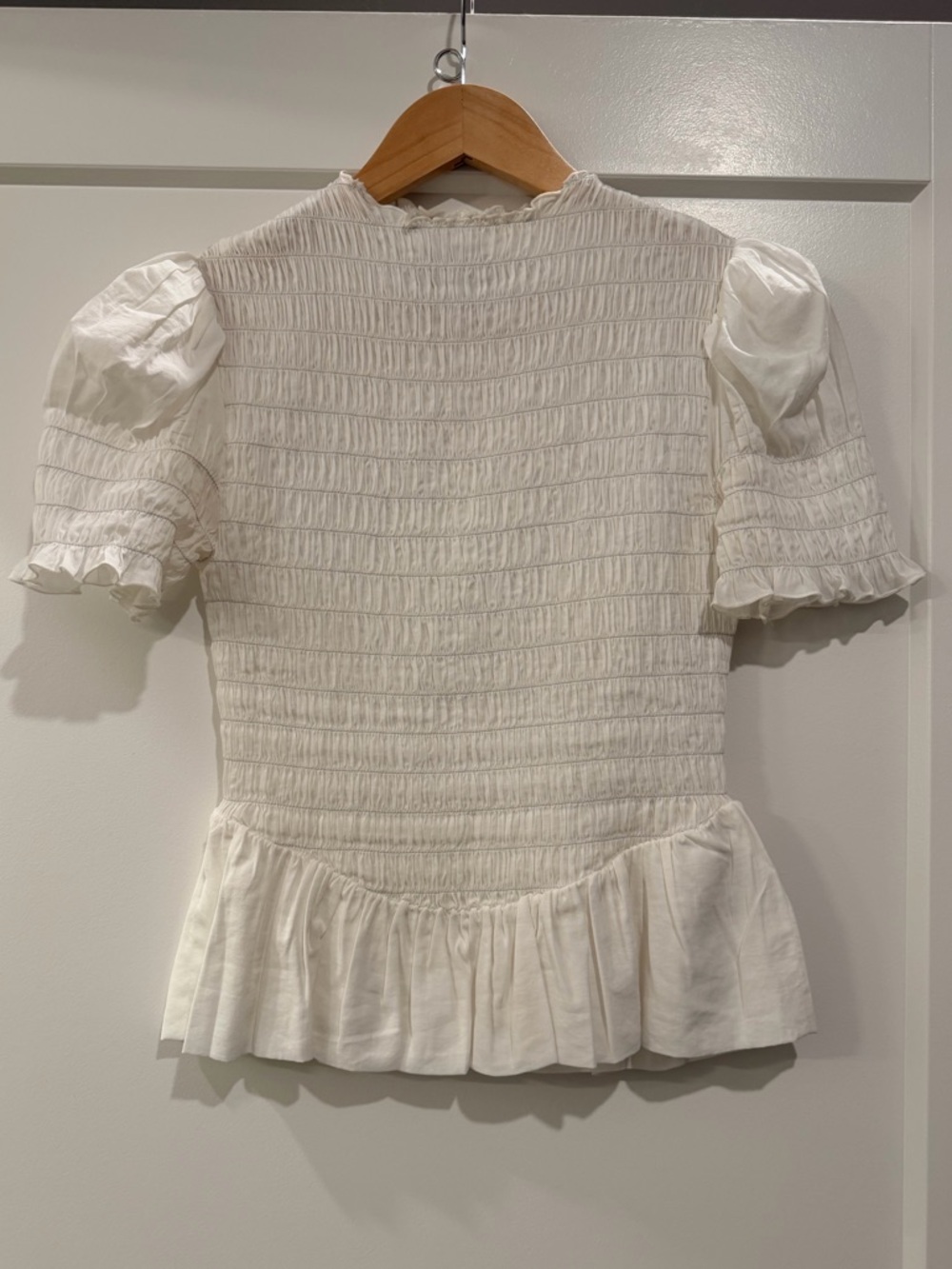 Reformation White Smocked Peplum Puff Sleeve Blouse
